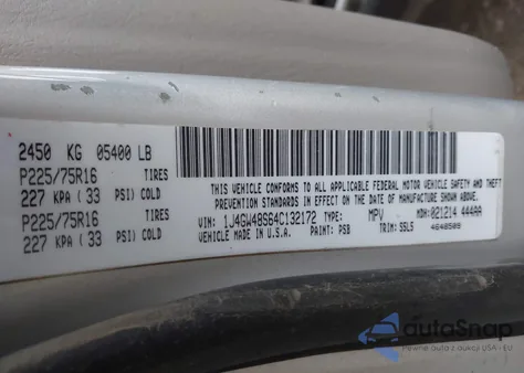 2004 Jeep Grand Cherokee Laredo z USA, uszkodzony, nr VIN 1J4GW48S64C132172